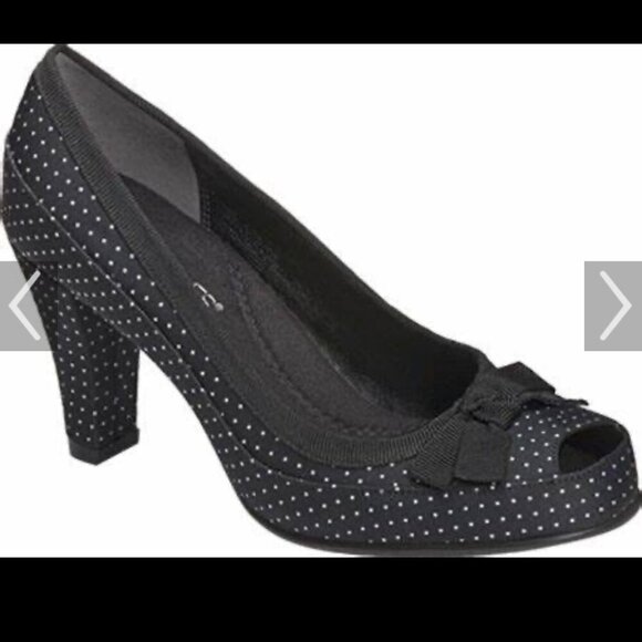 Aerosoles SZ 9 Benefit Black Polka Dot Peep Toe Heels 50's Bow Pin Up Office - Picture 3 of 12